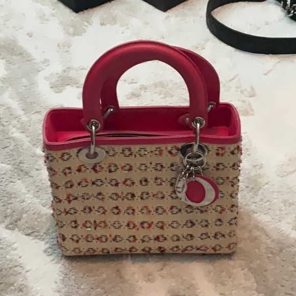 CHRISTIAN DIOR Raffia Tweed Medium Lady Dior Pink Beige - Picture 1 of 16